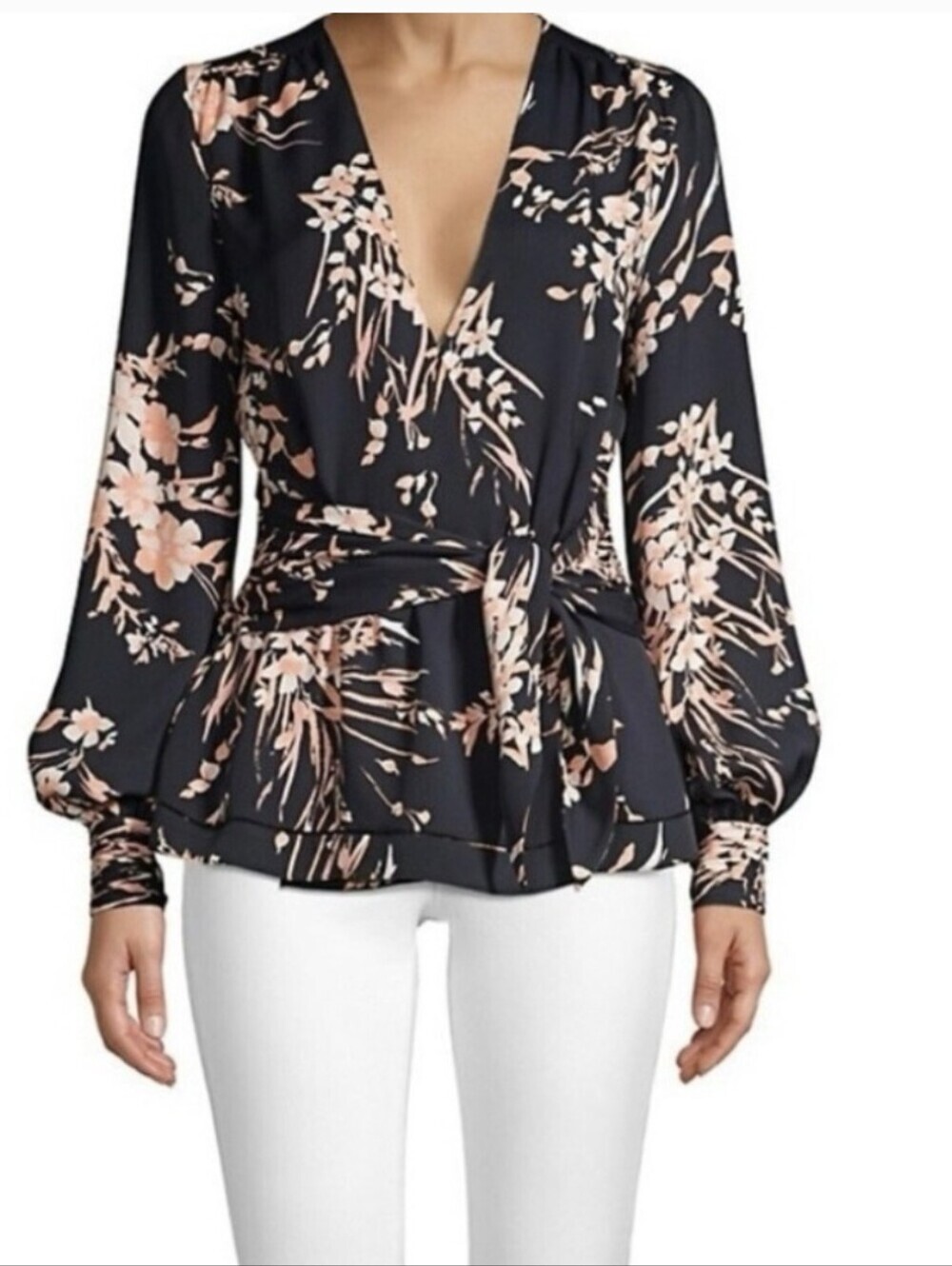 Joie Black Wrap Blouse with Peach Floral